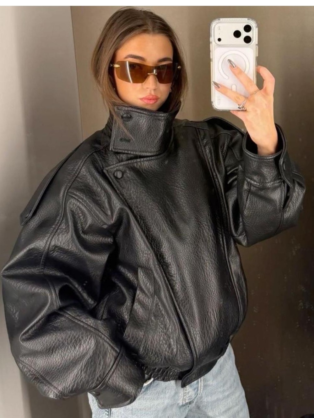 Zara Black Oversized Faux Leather Bomber Jacket
